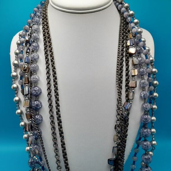Chico’s Layered Beaded Necklace Silver Tone Glass Pearl Shell 7 Strands 30” - Picture 3 of 15